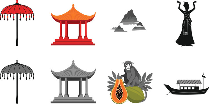 Bali Indonesia Culture and Landmark Icon Set Featuring Traditional Balinese Umbrella Pagoda Temple Monkey with Papaya Fruit and Dancer Silhouette for Travel Graphic Design