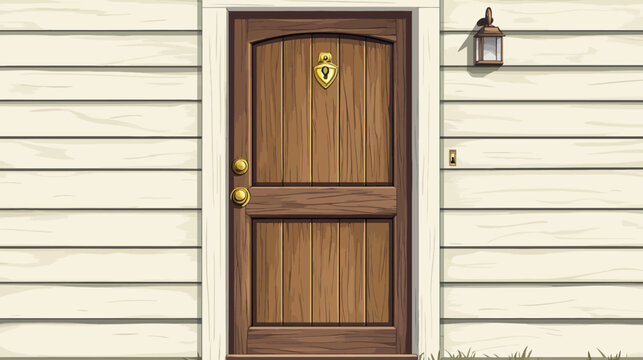 Illustration of a wooden door with brass hardware, sidelight, and clapboard siding