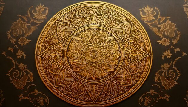 Intricate golden mandala design on dark backdrop with floral accents.
