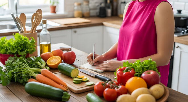 Woman thoughtfully planning healthy meals surrounded by fresh vegetables and fruits in a bright kitchen.