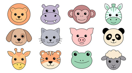 Obraz premium Collection of twelve cute minimalist animal head icons including lion panda cat zebra tiger and giraffe, concept for nursery wall art, educational flashcards and children stationery