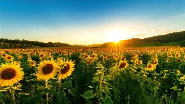 A vibrant field of sunflowers basks in the golden light of a setting sun