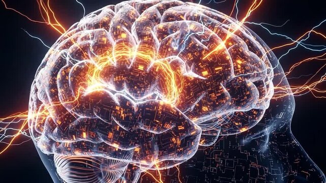 Mind's Electrical Symphony: An artistic portrayal of the brain's intricate network, illuminated with vibrant electric currents, symbolizing the power of thought and cognition.