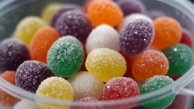 Looking into a clear plastic bulk bin filled with small colorful gumdrops. Ai