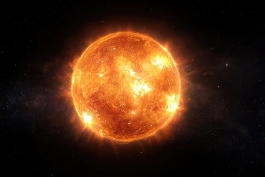 Fiery celestial sphere glows intensely, emanating plasma flares and solar wind into space