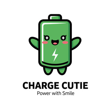 Green Battery Character With Smile.