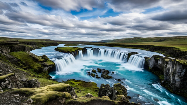 Majestic waterfall cascades into a vibrant turquoise river under a dramatic sky