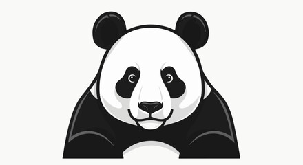 Fototapeta premium A cartoon panda face with black eyes, ears, and body, set against a white background
