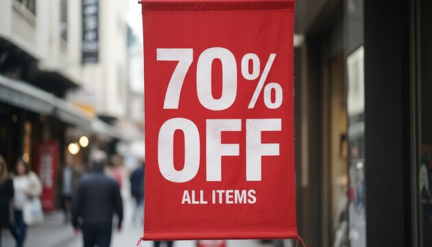 Red banner hangs bold, declaring 70% off all items. People walk past, unaware of the sale. Street shopfronts blur softly behind the sign. Prominent discount attracts shoppers' eyes