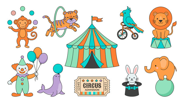 Cute cartoon circus characters set with tent, juggling monkey, jumping tiger, clown and performing animals on white, concept for kid's party decor, nursery wall art and school materials