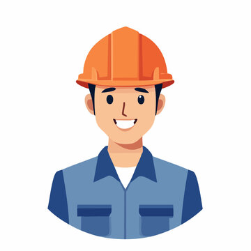 ヘルメットを被って笑顔の男性作業員のフラットイラスト（アップ）