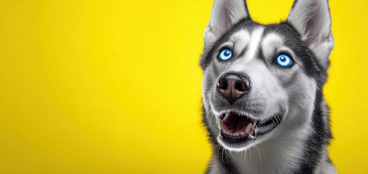 The Husky Dog With Piercing Blue Eyes Against a Vibrant Yellow Background