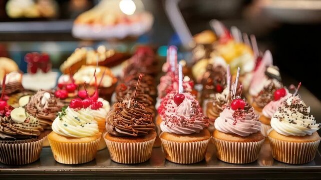 A display of assorted frosted cupcakes, topped with cherries and other decorations, on display
