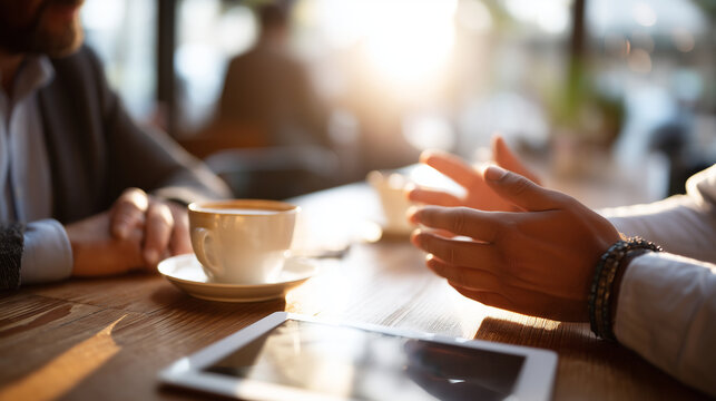 Faceless leader giving constructive feedback during a one-on-one setting in a sunlit caf&Atilde;&copy;, representing personal growth and professional development, coffee cups and a tablet on th