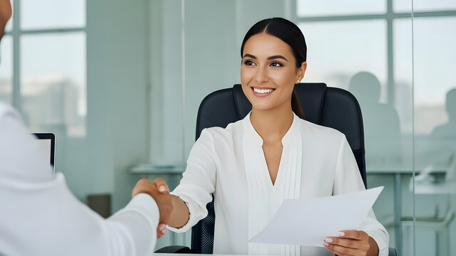 Smiling woman in a professional setting shaking hands during a meeting