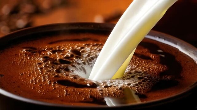 Stream of white liquid pouring into a rich, dark brown liquid-filled cup, creating bubbles