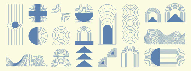 Luxury abstract line element set vector. Mid century modern geometric abstract shapes in blue with retro modular arches circles and decorative forms. Design for branding, posters, cards, packaging . © TWINS DESIGN STUDIO