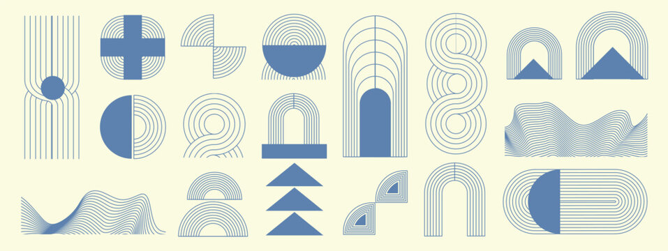 Luxury abstract line element set vector. Mid century modern geometric abstract shapes in blue with retro modular arches circles and decorative forms. Design for branding, posters, cards, packaging .
