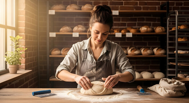 Baker skillfully shaping dough for fresh bread in a warm, rustic bakery.