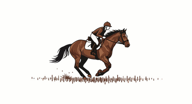 A brown horse and rider gallop across a field of grass