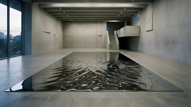 Large Reflective Liquid Surface Installation in Modern Concrete Architecture, Abstract Mirror Ripples on Floor of Contemporary Art Space, Minimalist Interior Design with Water Effect.