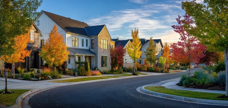 The houses on a tree lined suburban street glowing in vibrant autumn sunset light