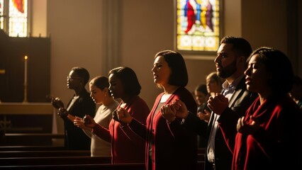 Fototapeta premium Diverse adults in prayer at church, hands clasped, with stained glass.