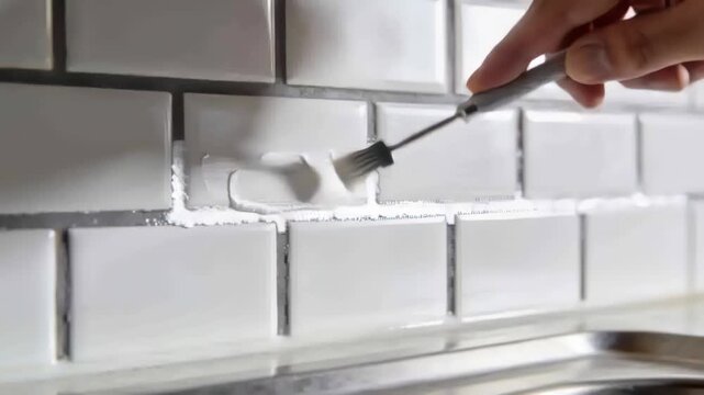 Approaching hand holding round-bristled grout brush, pressing and smoothing grout on tile over sink