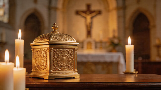 pyx. Golden pyx on church altar illuminated by warm candlelight, shallow depth of field. event programs, museum guides, designed for cultural heritage projects and event programs.