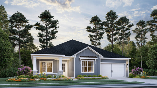 A modern single-story house with a gray exterior and white trim surrounded by trees and a well-manicured lawn