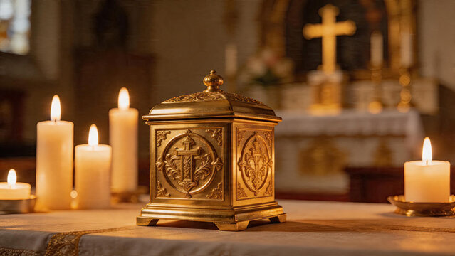 pyx. Golden pyx on church altar illuminated by warm candlelight, shallow depth of field. event programs, museum guides, designed for cultural heritage projects and event programs.