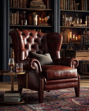 A classic library armchair in deep Cognac-colored heritage leather.