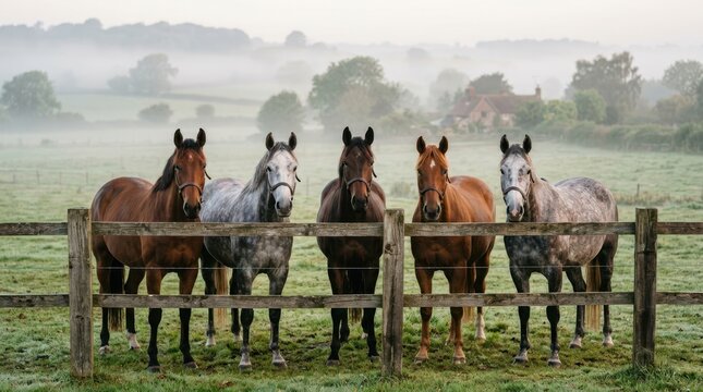 Five horses stand behind a wooden fence in a misty rural landscape at dawn