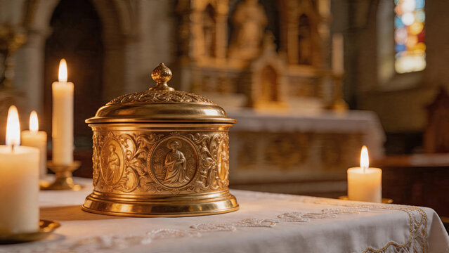 pyx. Golden pyx on church altar illuminated by warm candlelight, shallow depth of field. event programs, museum guides, designed for cultural heritage projects and event programs.