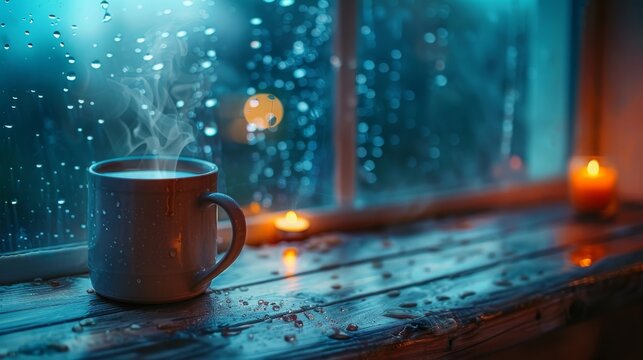 A cozy indoor scene, a steaming ceramic mug of tea on a wooden windowsill, raindrops on the glass.