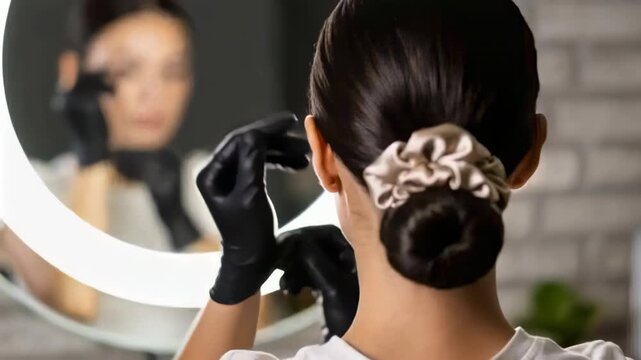 Woman checking ring light mirror, adjusting scrunchie and glove, preparing grooming task