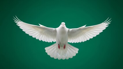 Fototapeta premium White dove with outstretched wings in flight against a green backdrop.