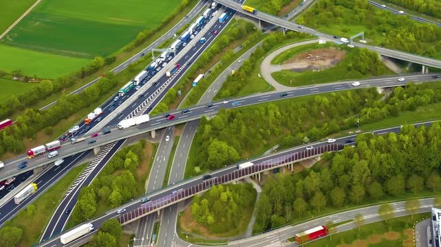 Aerial view of an Autobahn, Freeway cross roads close to the city Leonberg in south Germany on a sunny spring day
