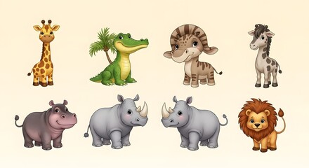 Fototapeta premium Cute Cartoon Safari Animals Collection.