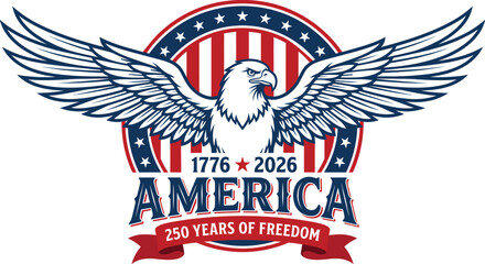 American eagle logo with 250 years of freedom text on white background © firoz