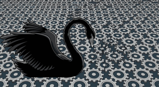 A black swan emerges from a broken field of interlocking gears