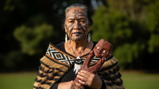 Elderly Māori woman with moko facial tattoos and traditional cloak holds carved wooden artifact outdoors.