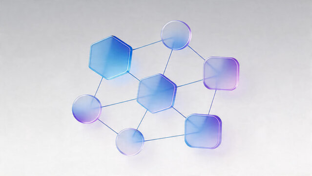 oganesson. Abstract geometric shapes in gradient colors, representing digital network and connectivity. product launch decks, UI/UX mockups, designed for product launches and innovation pitches.