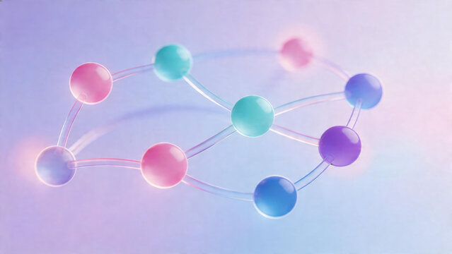 oganesson. Abstract geometric shapes in gradient colors, representing digital network and connectivity. product launch decks, UI/UX mockups, designed for product launches and innovation pitches.