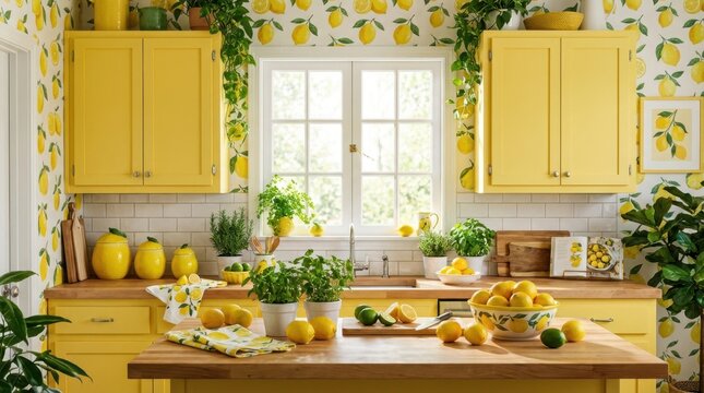 Bright yellow kitchen with lemon-themed wallpaper and fresh fruit decor