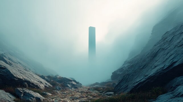 Tall monolith standing in mountain valley amidst thick fog. Abstract structure with geometric shape in mysterious rocky landscape. Surreal scene representing discovery and isolation.