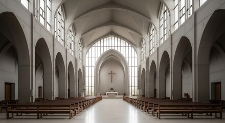 Obraz premium Modern church interior with pews and altar, natural light streaming through large windows, creating a serene and spiritual atmosphere for worship and reflection.