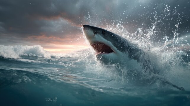 Great white shark breaching out of ocean surface water. Predator mouth open with splash. Dangerous marine animal in wild sea under dramatic cloudy sky. Nature wildlife action photography.