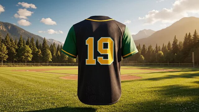 Baseball Jersey Floating Over Field with Mountains Background