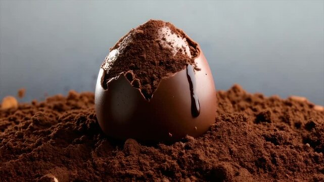 A broken chocolate shell reveals a truffle, resting on cocoa powder. A dark liquid drips